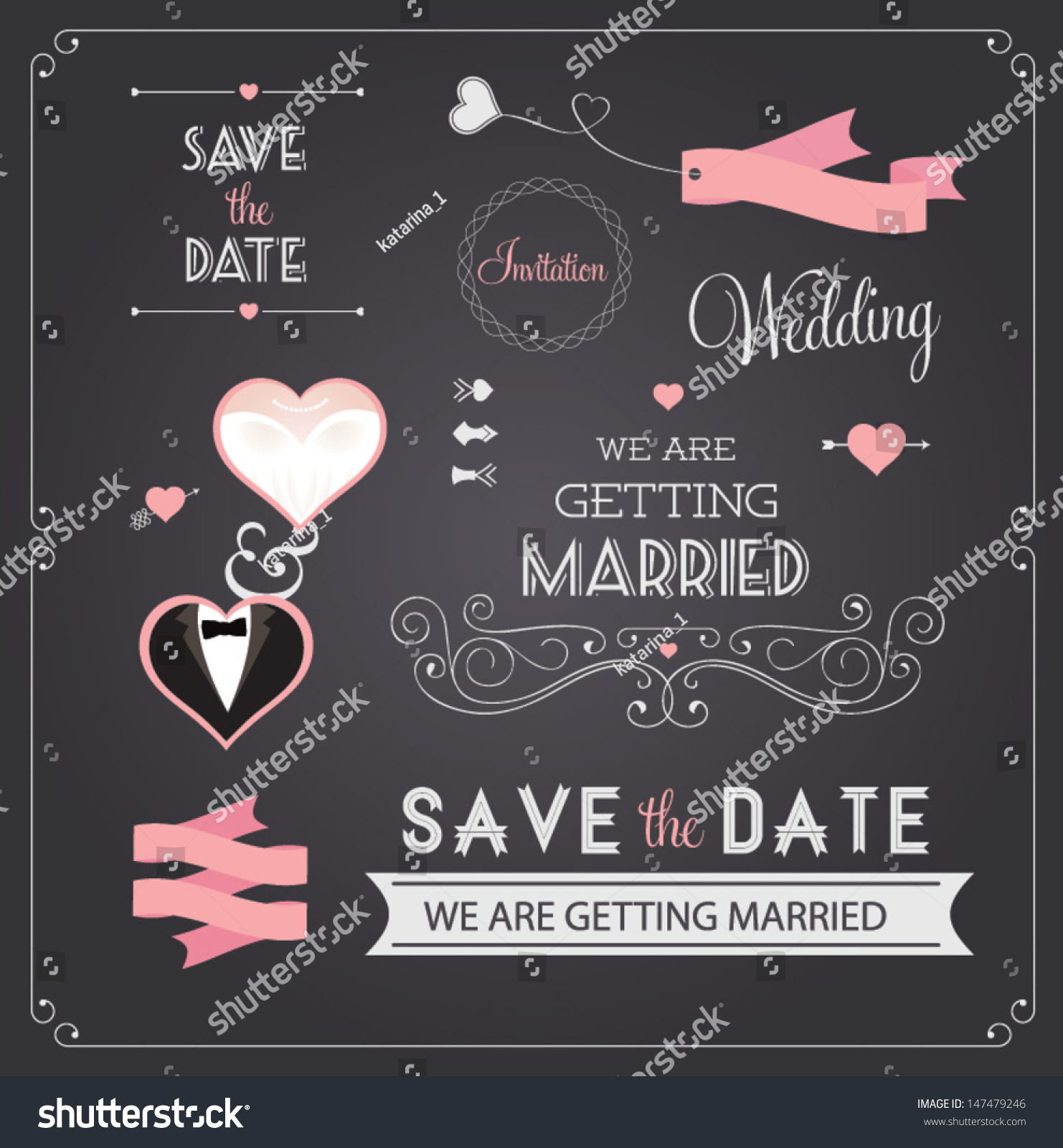 Chalkboard style wedding design and decorative elements, vintage banner, ribbon, labels, frames, badge, stickers. Vector love element.  #147479246