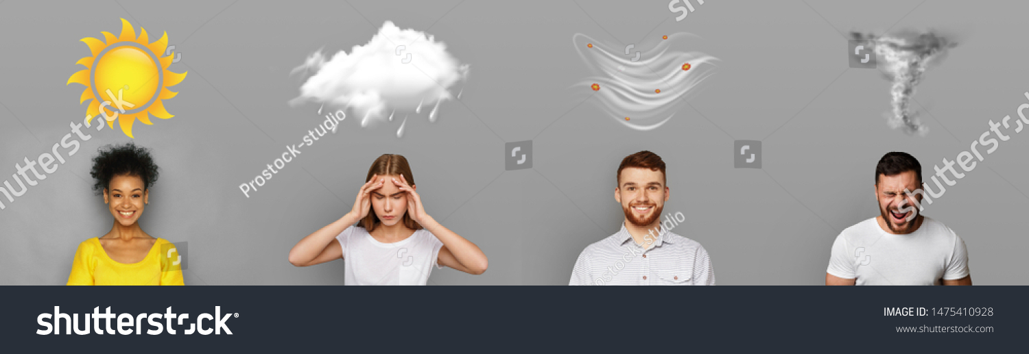 Creative forecast. Four different weather conditions with human mood on gray background, panorama #1475410928