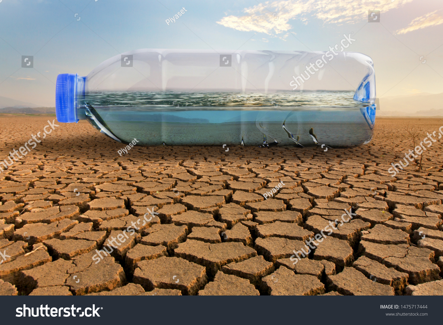 Clean water in plastic bottle on dry land of crakced earth metaphor save water, water crisis and Climate change impact to demand of water #1475717444