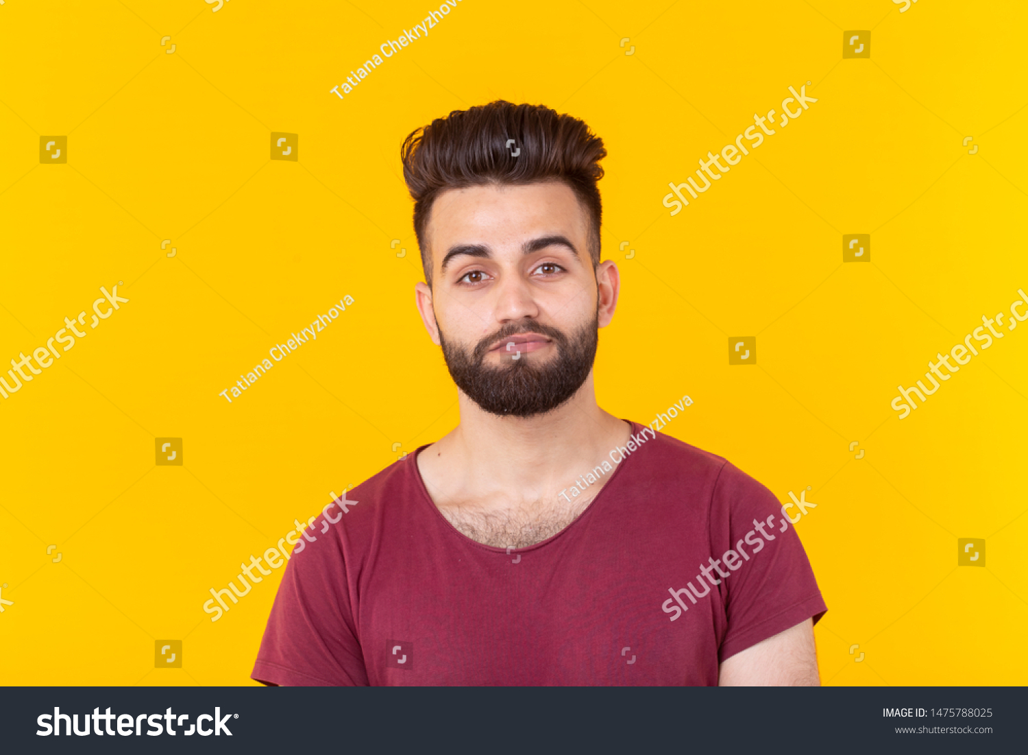 East asian handsome man wearing red tshirt on yellow background #1475788025