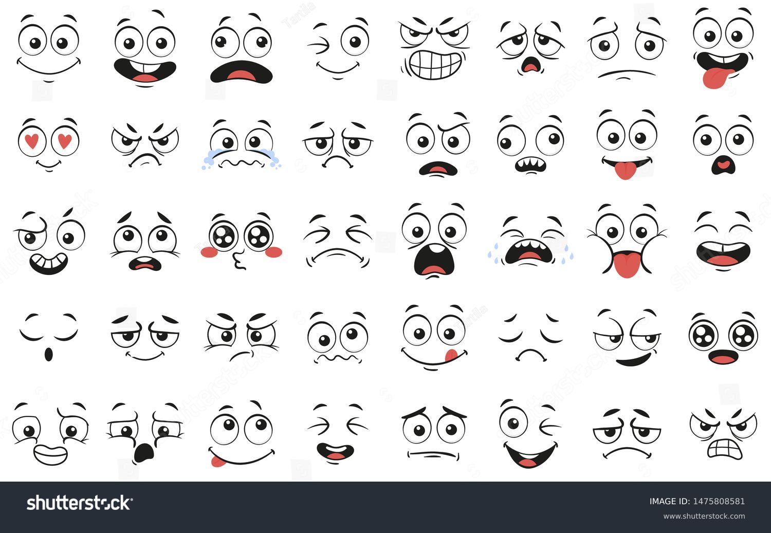 Cartoon faces. Expressive eyes and mouth, smiling, crying and surprised character face expressions. Caricature comic emotions or emoticon doodle. Isolated vector illustration icons set #1475808581