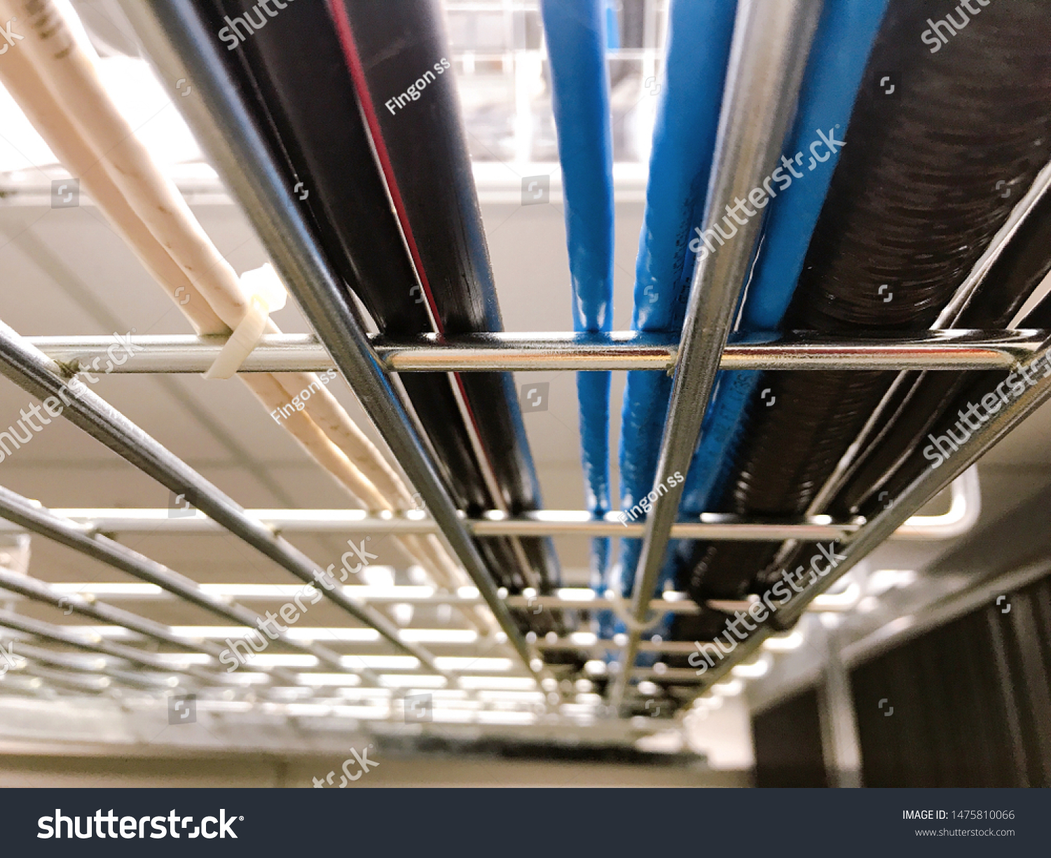 Large group of UTP cables, Ethernet cables and Fiber in cable tray. #1475810066