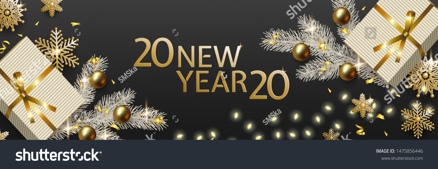 New Year 2020 and Christmas design, gift box, white Christmas tree branch, gold balls, snowflakes, garland with luminous bulbs on black background. Festive vector horizontal template #1475856446