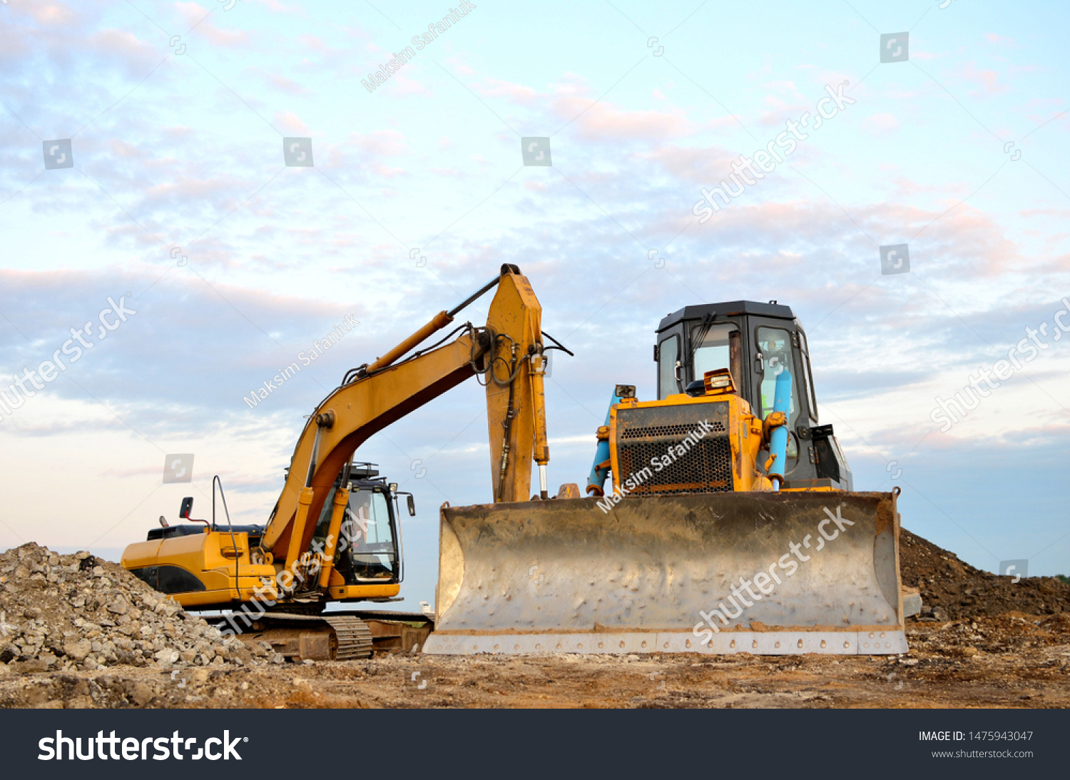 Track-type bulldozer, earth-moving equipment. Land clearing, grading, pool excavation, utility trenching, utility trenching and foundation digging during of large construction jobs.  #1475943047