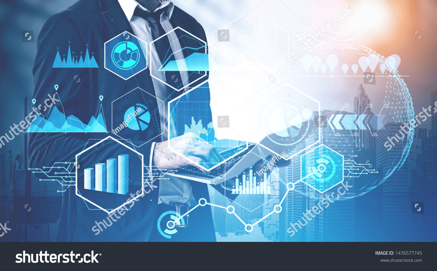 Businessman working with laptop in modern city with double exposure of business infographics interface. Concept of market analysis and big data. Toned image #1476577745