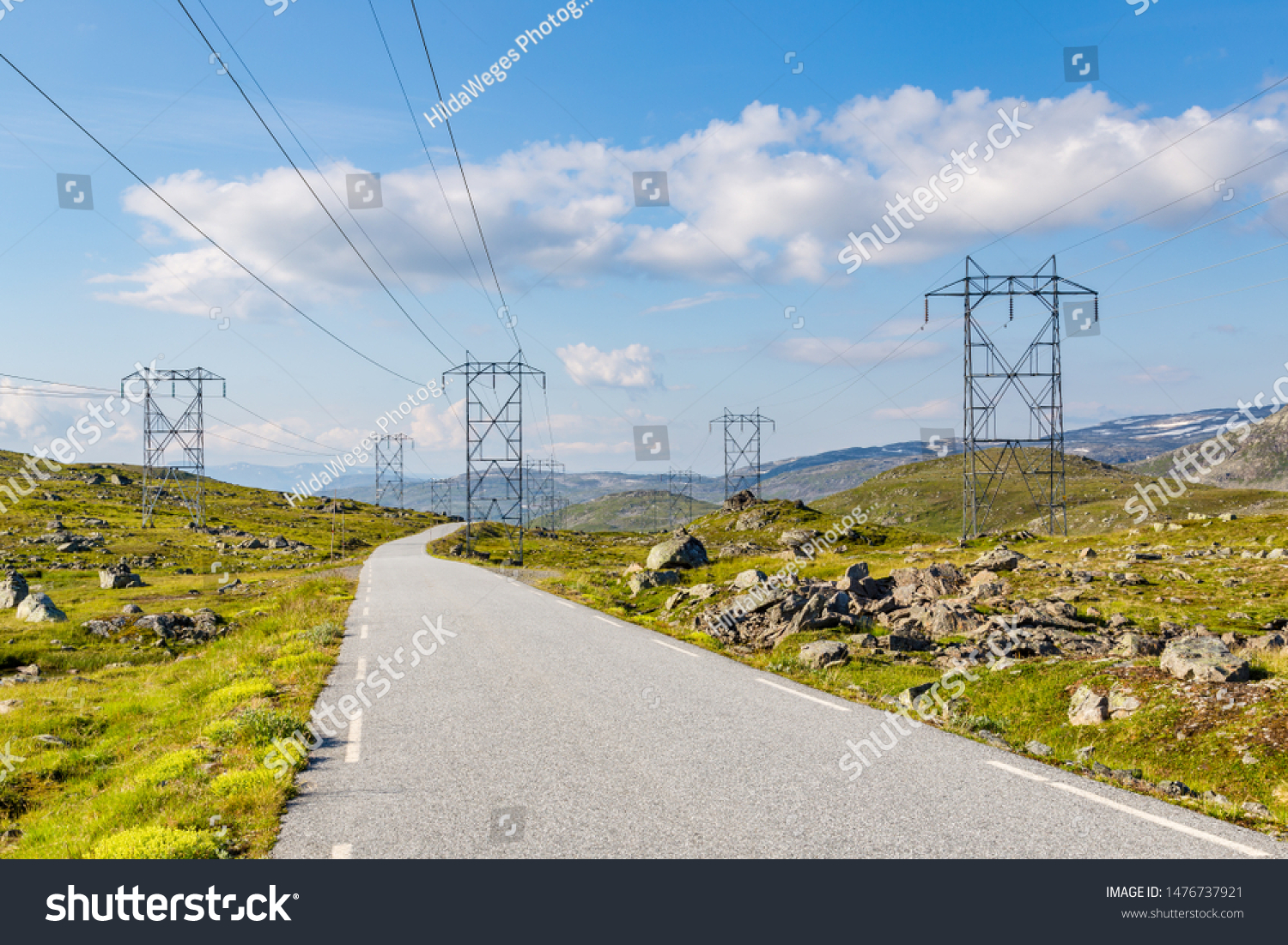 Scenics with electricity transmission pylons along the National Scenic route Aurlandsfjellet between Aurland and Laerdal in Norway. #1476737921