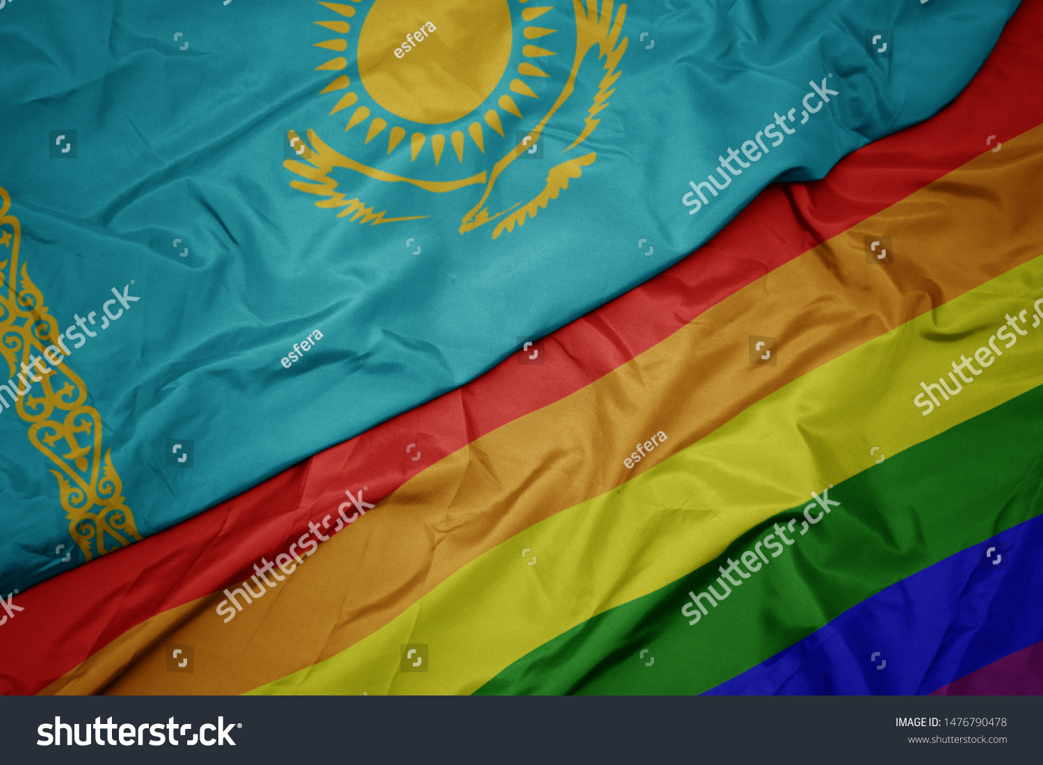 waving colorful gay rainbow flag and national flag of kazakhstan. macro #1476790478