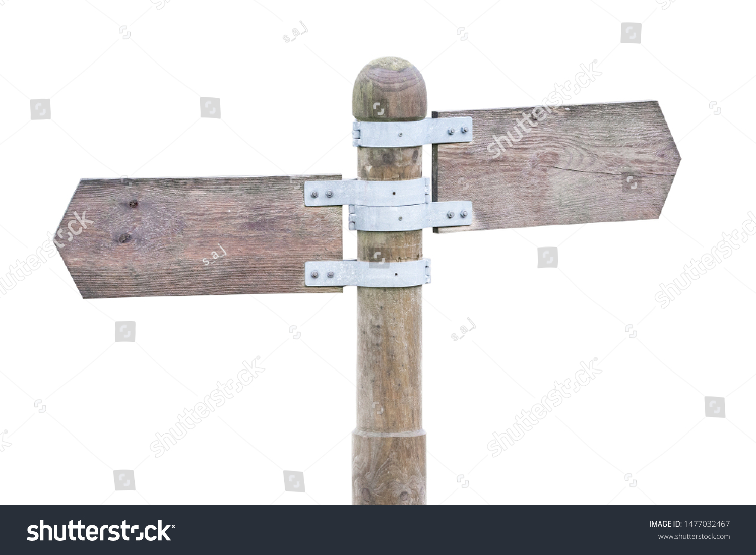 Blank Wooden signpost pointing in opposite directions on isolated white background #1477032467