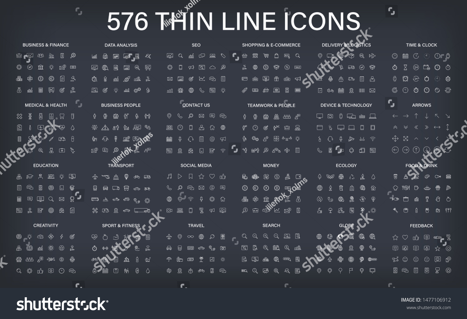 Big vector collection of 576 thin line Web icon. Business, finance, seo, shopping, logistics, medical, health, people, teamwork, contact us, arrows, technology, social media, education, creativity. #1477106912