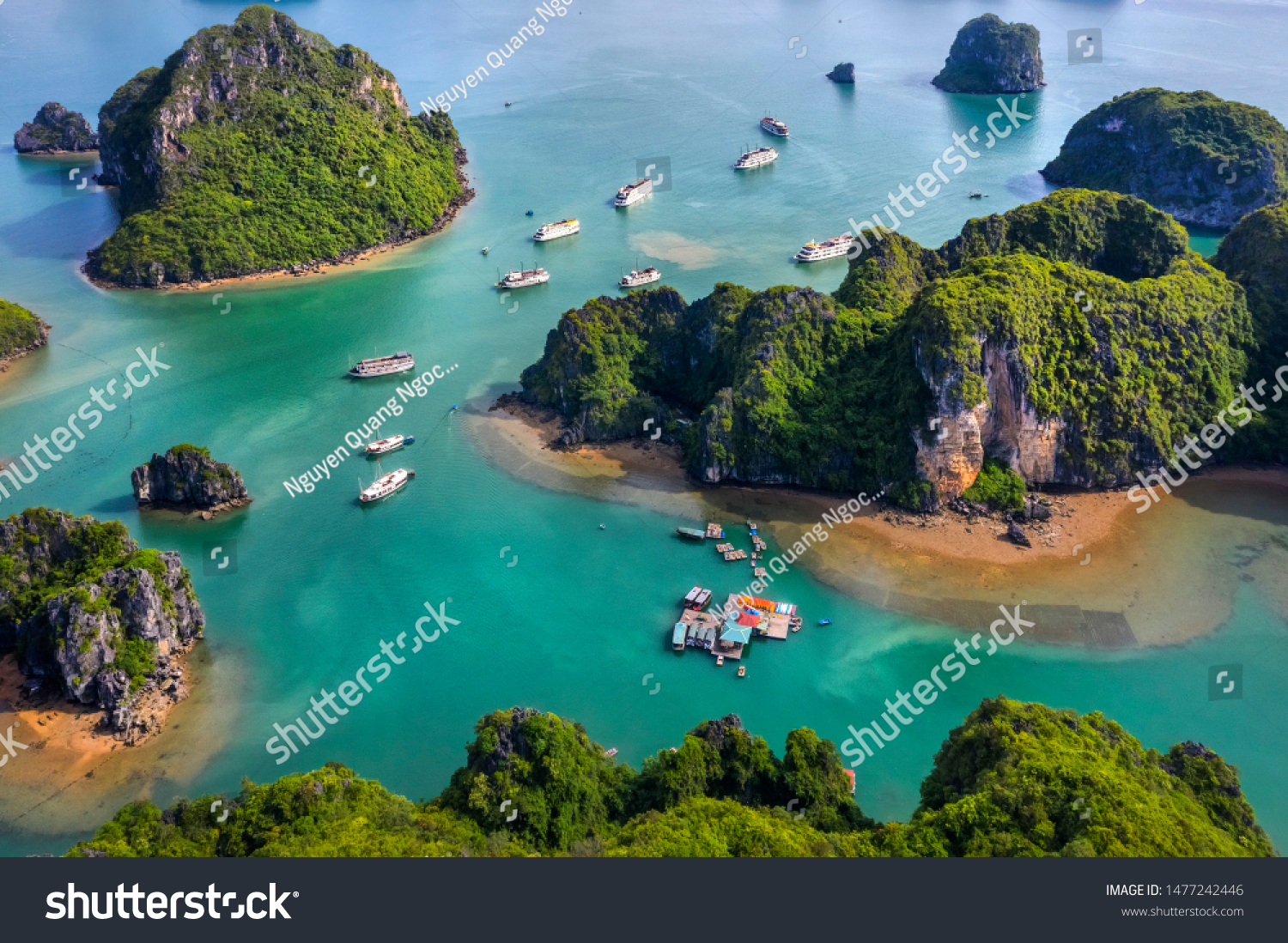 Aerial view Vung Vieng floating fishing village and rock island, Halong Bay, Vietnam, Southeast Asia. UNESCO World Heritage Site. Junk boat cruise to Ha Long Bay. Famous destination of Vietnam #1477242446