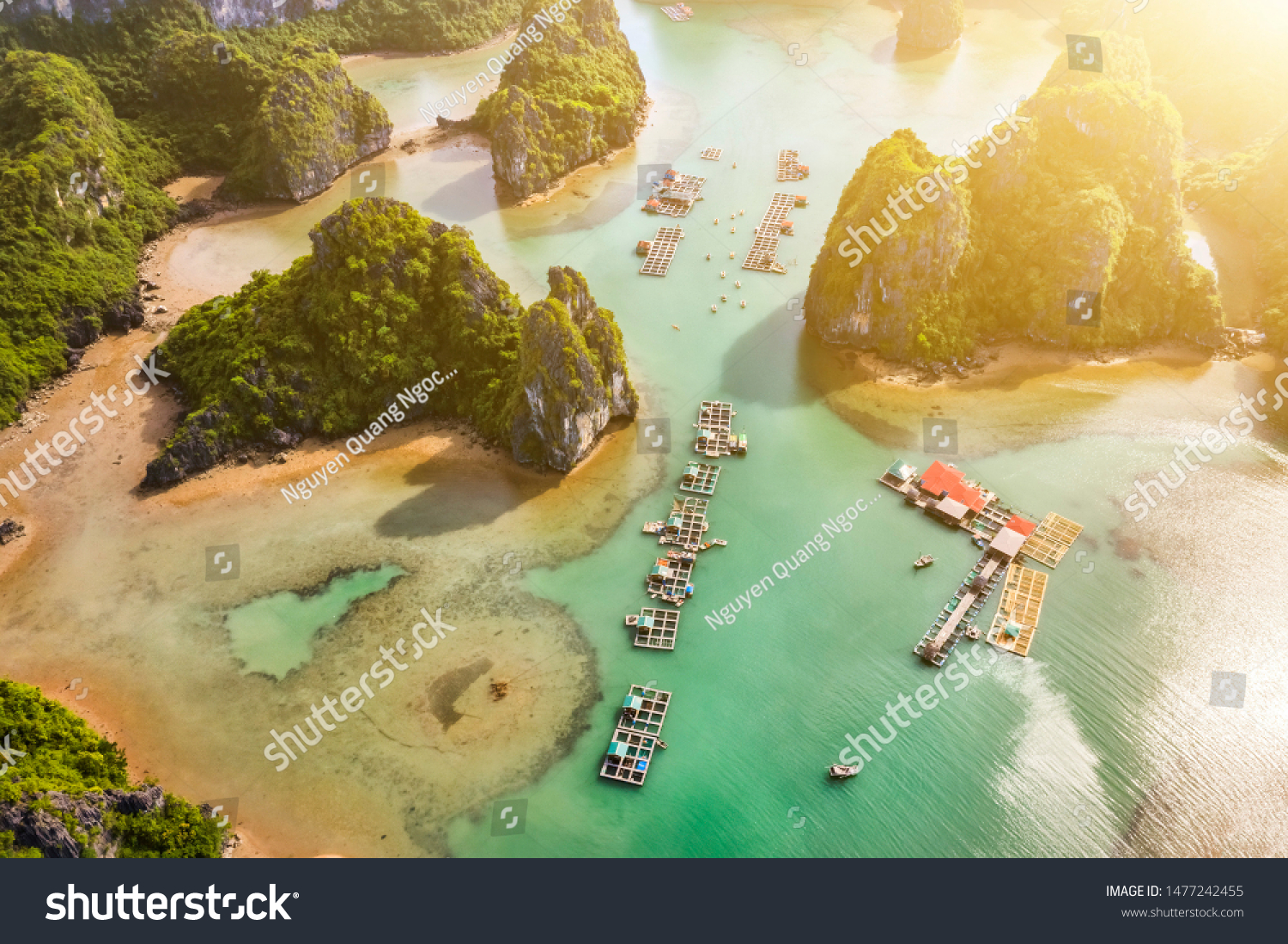 Aerial view Vung Vieng floating fishing village and rock island, Halong Bay, Vietnam, Southeast Asia. UNESCO World Heritage Site. Junk boat cruise to Ha Long Bay. Famous destination of Vietnam #1477242455