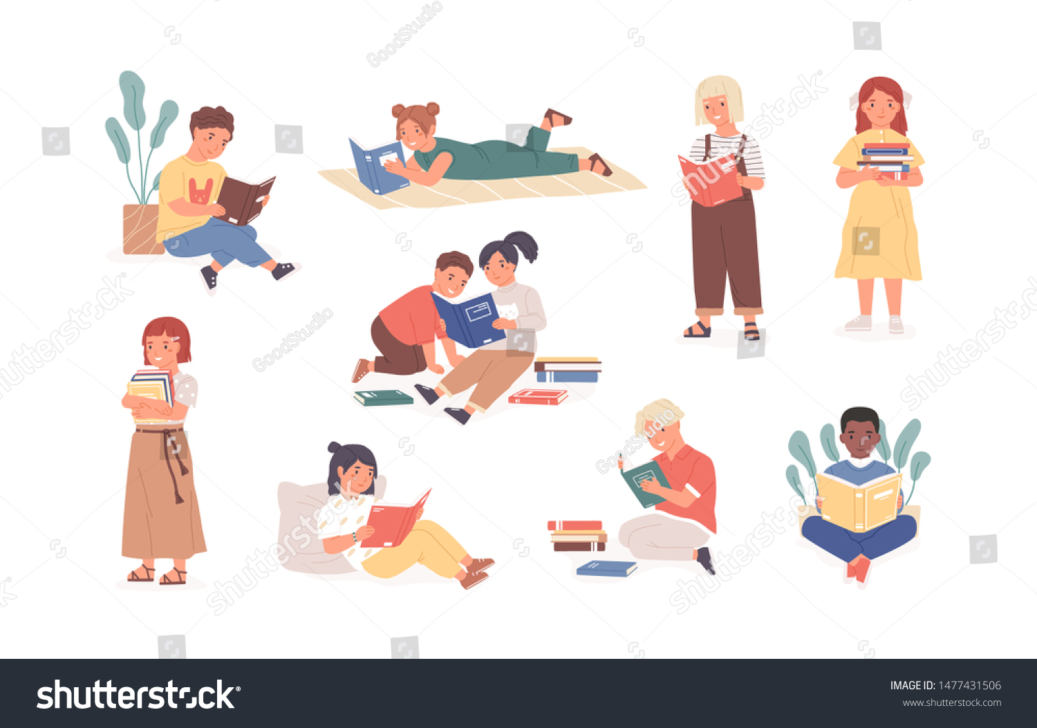 Bundle of reading children or studying kids. Collection of boys and girls with books, readers, young literature fans isolated on white background. Modern flat cartoon colorful vector illustration. #1477431506