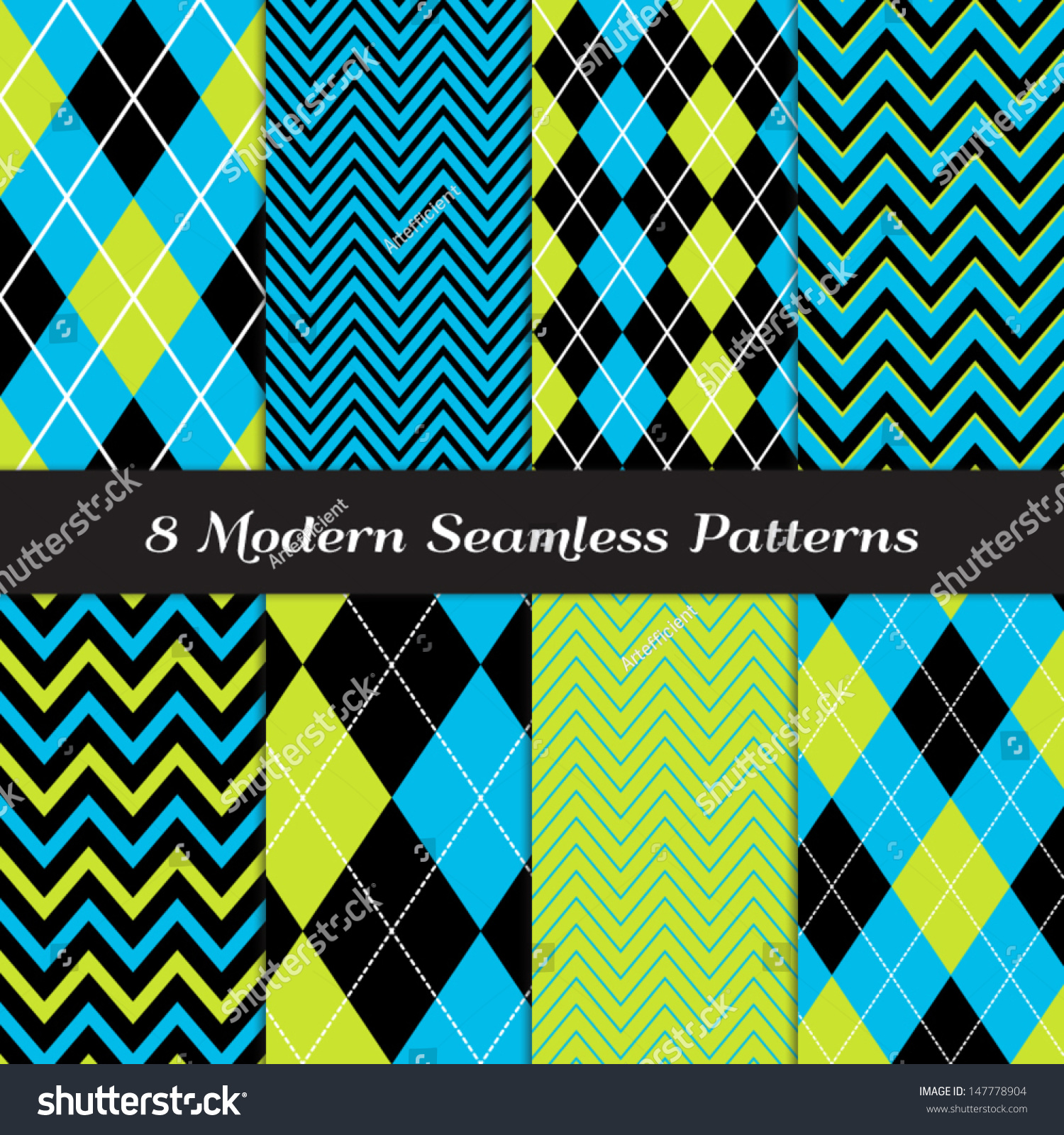 8 Chevron and Argyle Patterns in Blue, Lime Green and Black with White Accent Lines. Perfect for Kids Monster Party or Halloween Backgrounds. Pattern Swatches made with Global Colors. #147778904