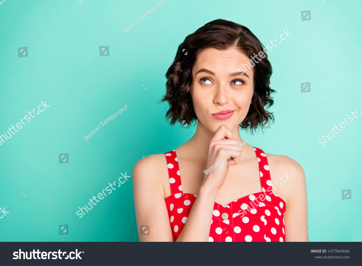 Close up photo of pondering charming interesting confused girl thinking over changing job while isolated with teal background #1477843646
