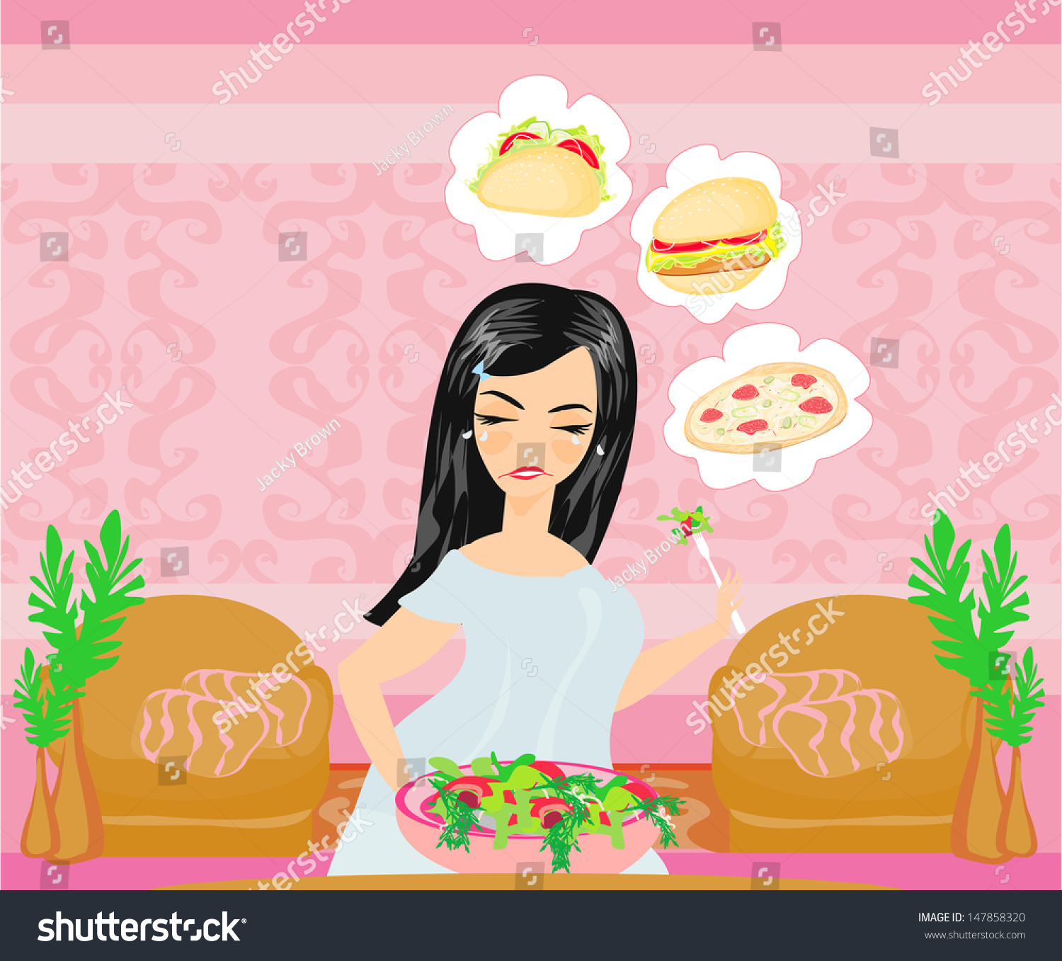 Overweight Girl Eats A Salad But Dreams Of Royalty Free Stock Vector 147858320 3163