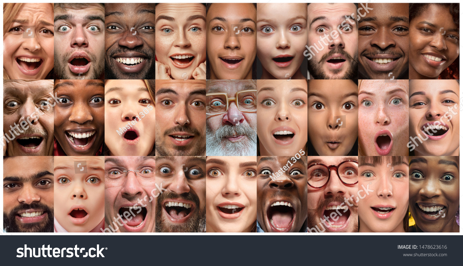 Close up portrait of young people. Human emotions, facial expression. People wondered, astonished, screaming and crazy in happiness, thinking. Creative collage made of different photos of 25 models. #1478623616