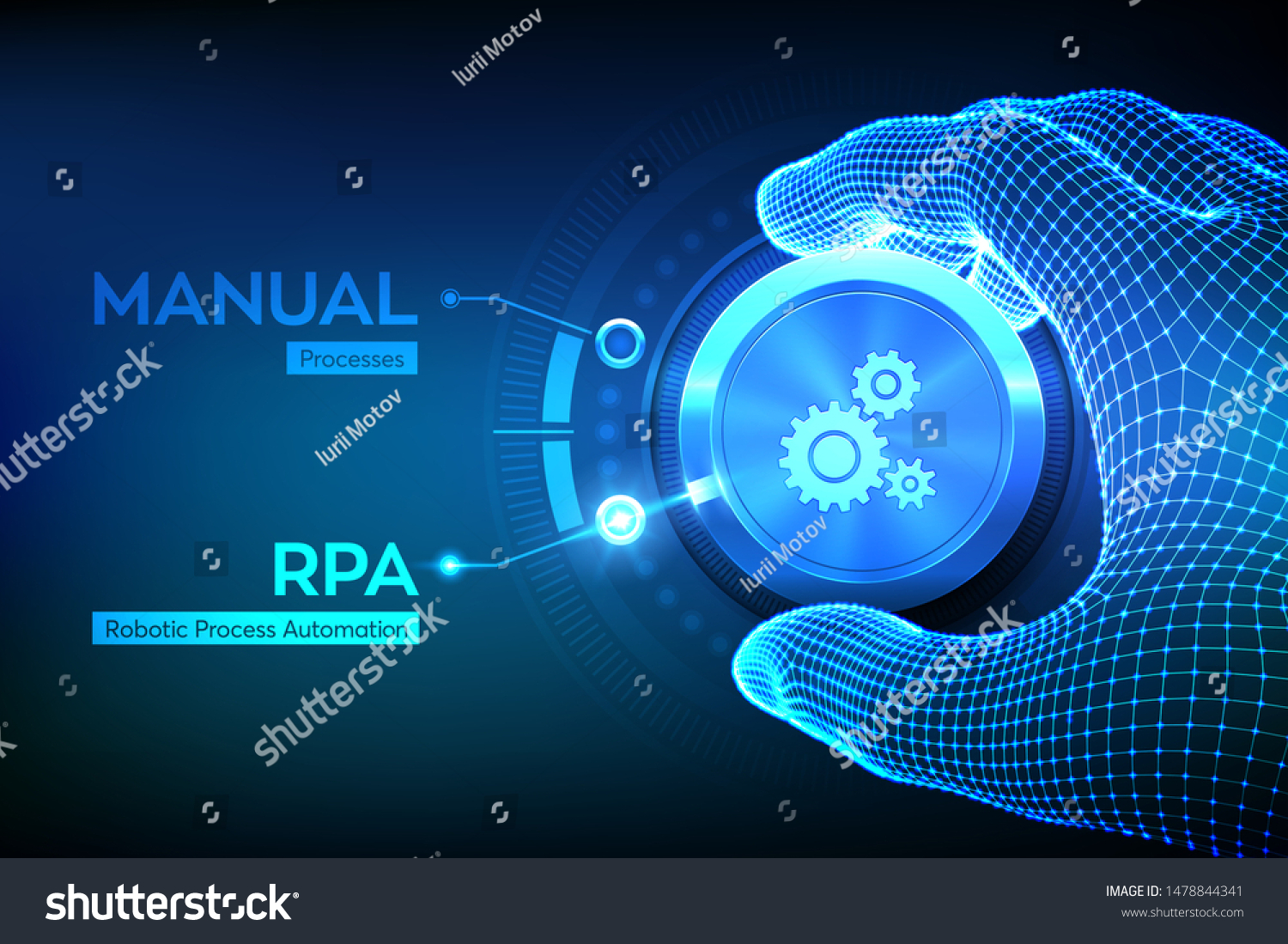 RPA Robotic process automation innovation technology concept. Wireframe hand turning a knob and selecting RPA mode. Intelligent system automation. AI. Artificial intelligence. Vector illustration. #1478844341