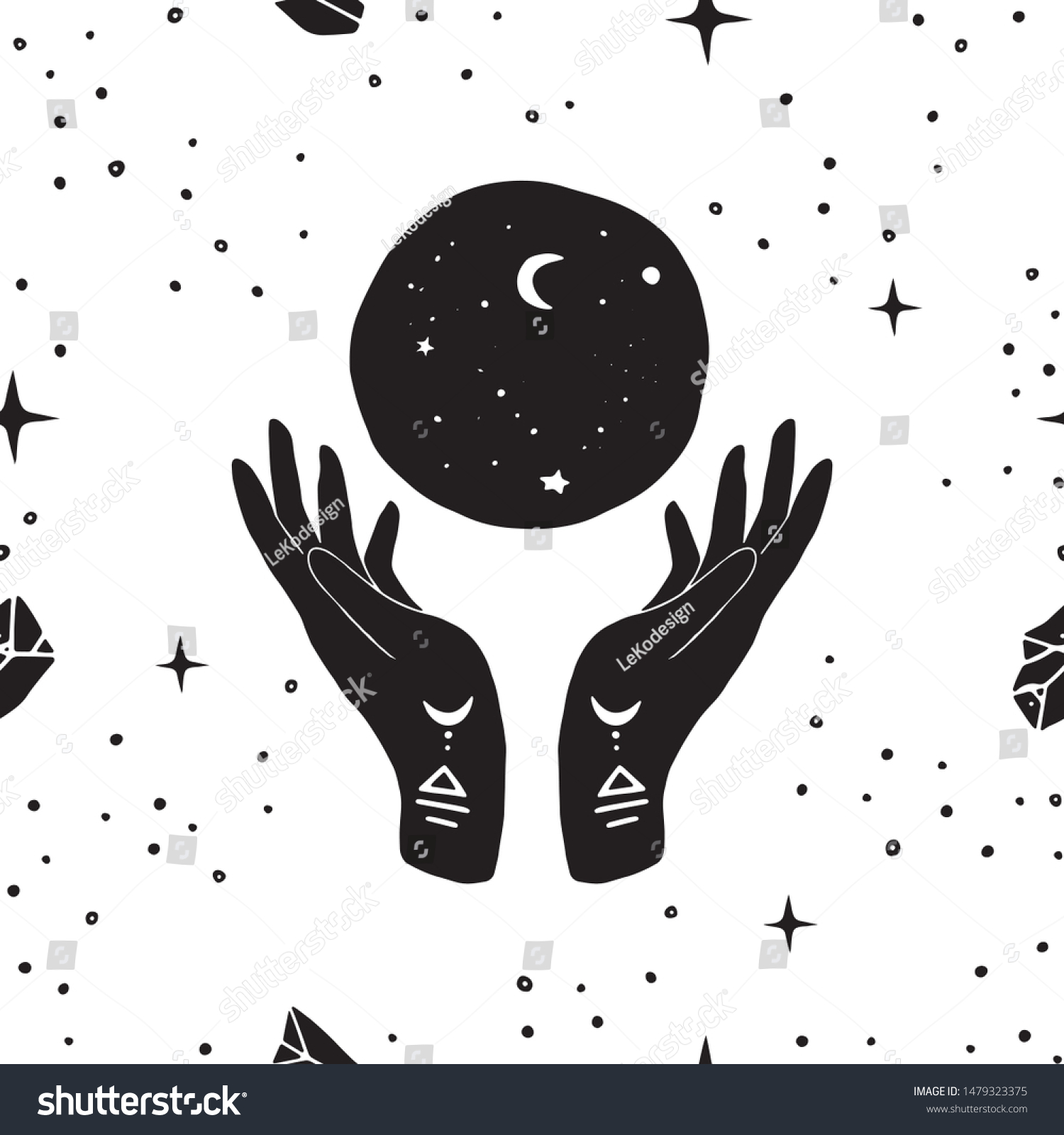 Vector seamless pattern of henna mystic mudra hands, moon and stars. Great for fabric, wrapping paper. Aztec stile, tribal art, ethnic collection, design isolated on white background. #1479323375