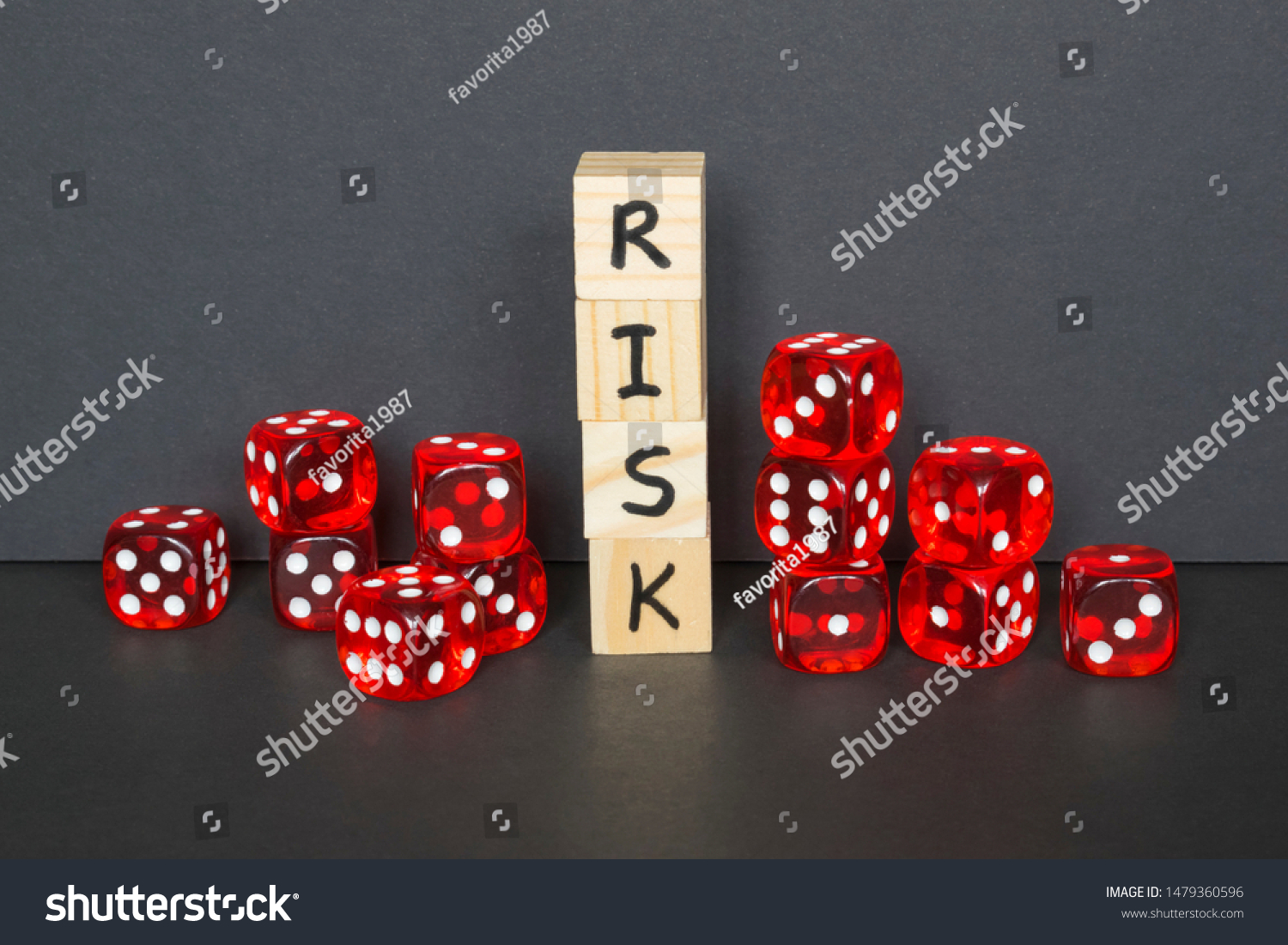 Word Risk written on wooden cubes and red dice on the dark background.  #1479360596