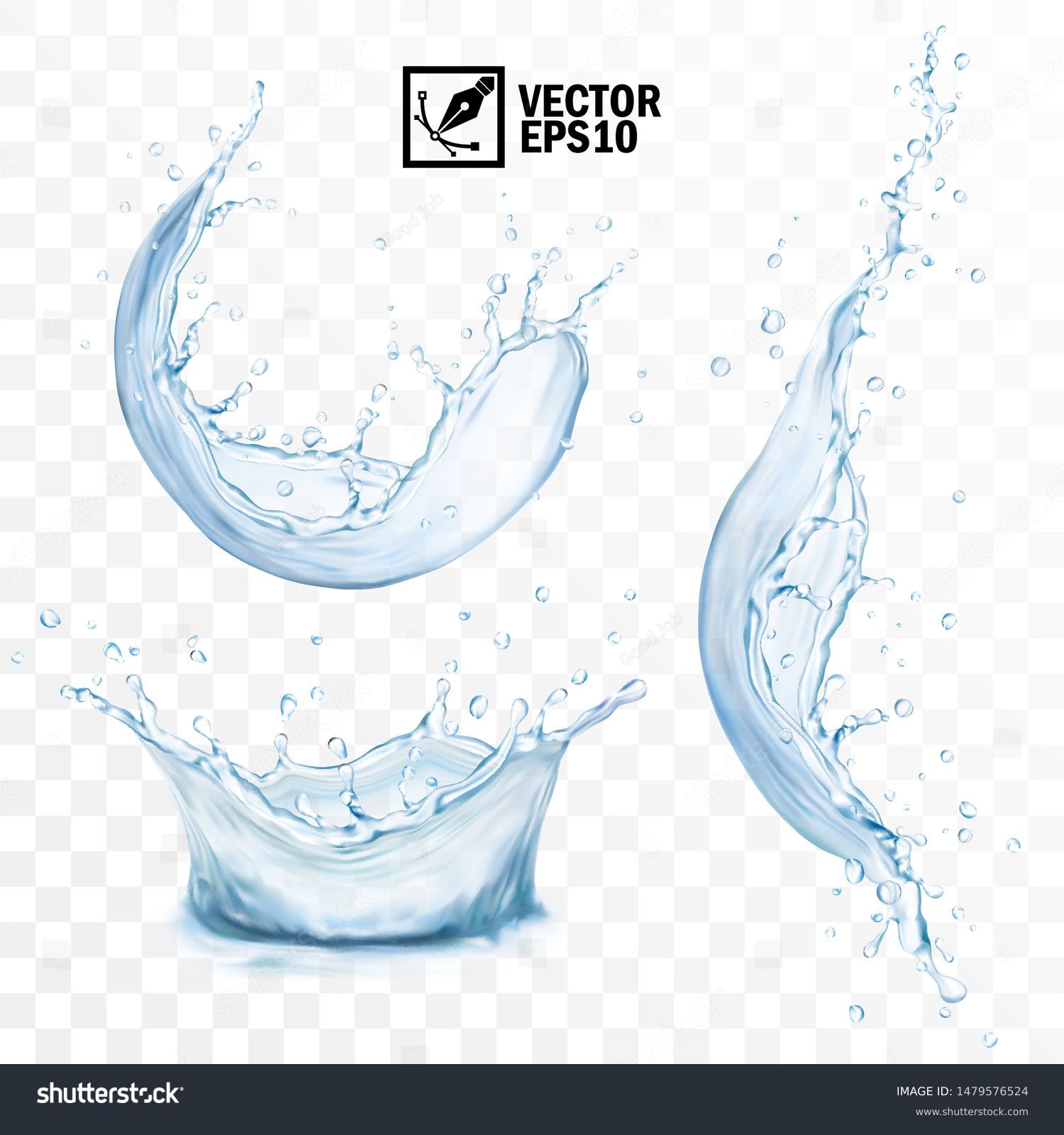 Realistic transparent isolated vector set splash of water with drops, a splash of falling water, a splash in the form of a crown, a splash in the form of a circle