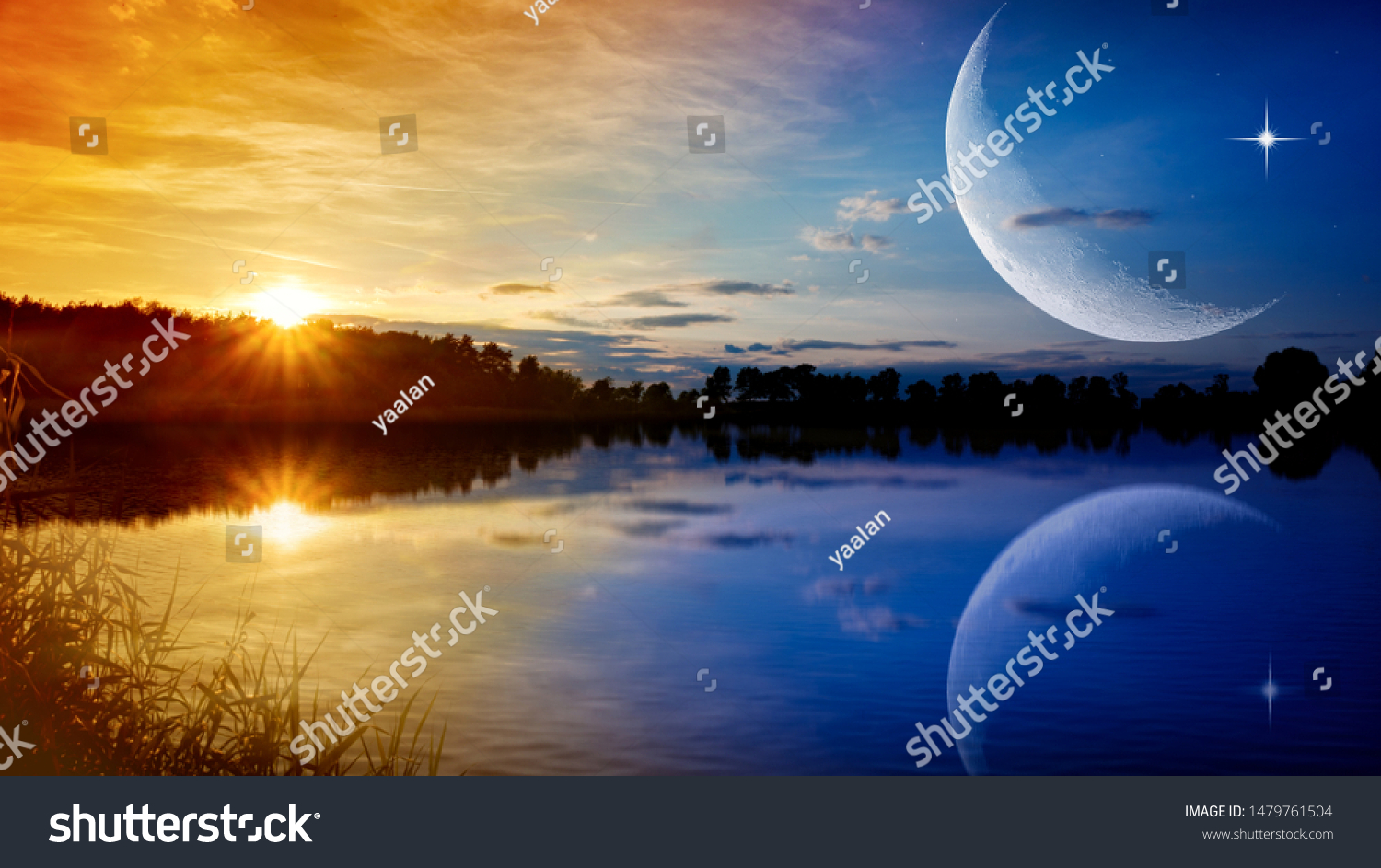the romantic moon over water . Crescent moon with beautiful sunset background . Generous Ramadan . New moon.  #1479761504