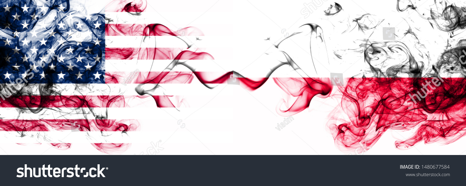 United States of America vs Poland, Polish smoky mystic flags placed side by side. Thick colored silky abstract smokes banner of America and Poland, Polish #1480677584