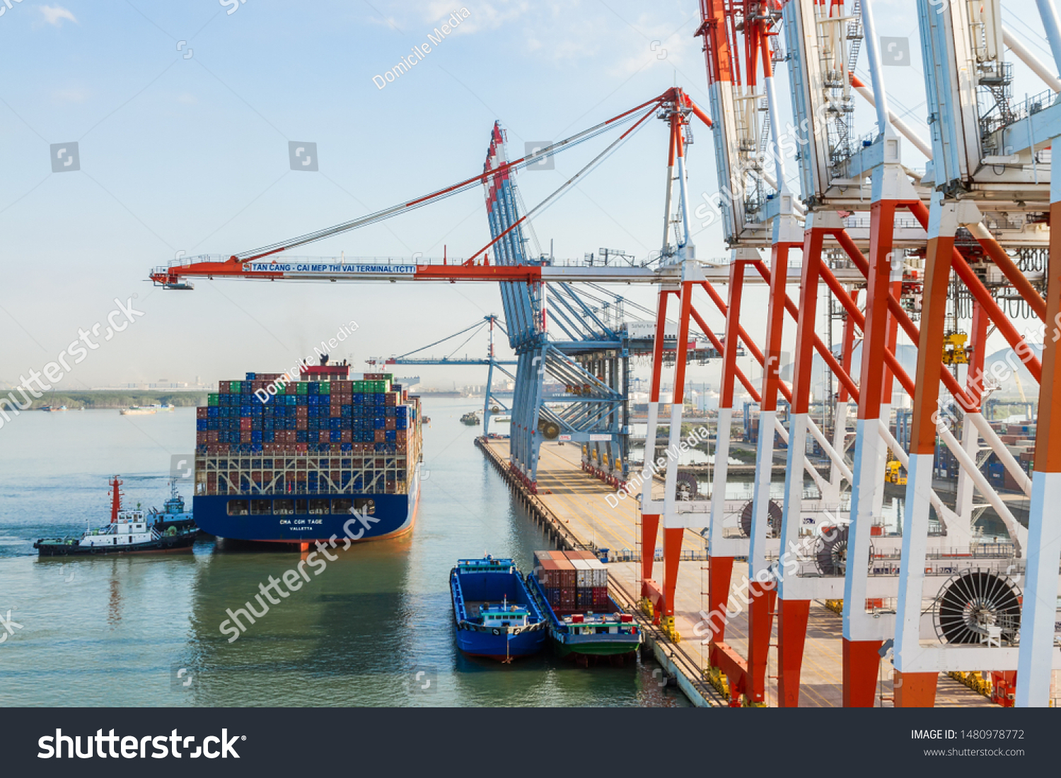 PHY MY PORT, SOUTH VIETNAM - JANUARY 14, 2019: A containership registered in Valletta (Malta) docking at International Container Terminal Tan Cang - Cai Mep. #1480978772