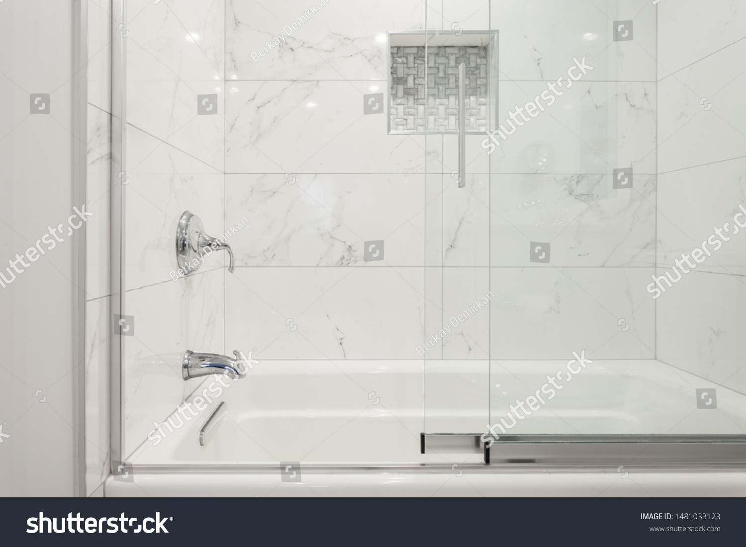 White marble, granite looking porcelain tiles polished surface bathtub and shower with niche and glass shower doors #1481033123