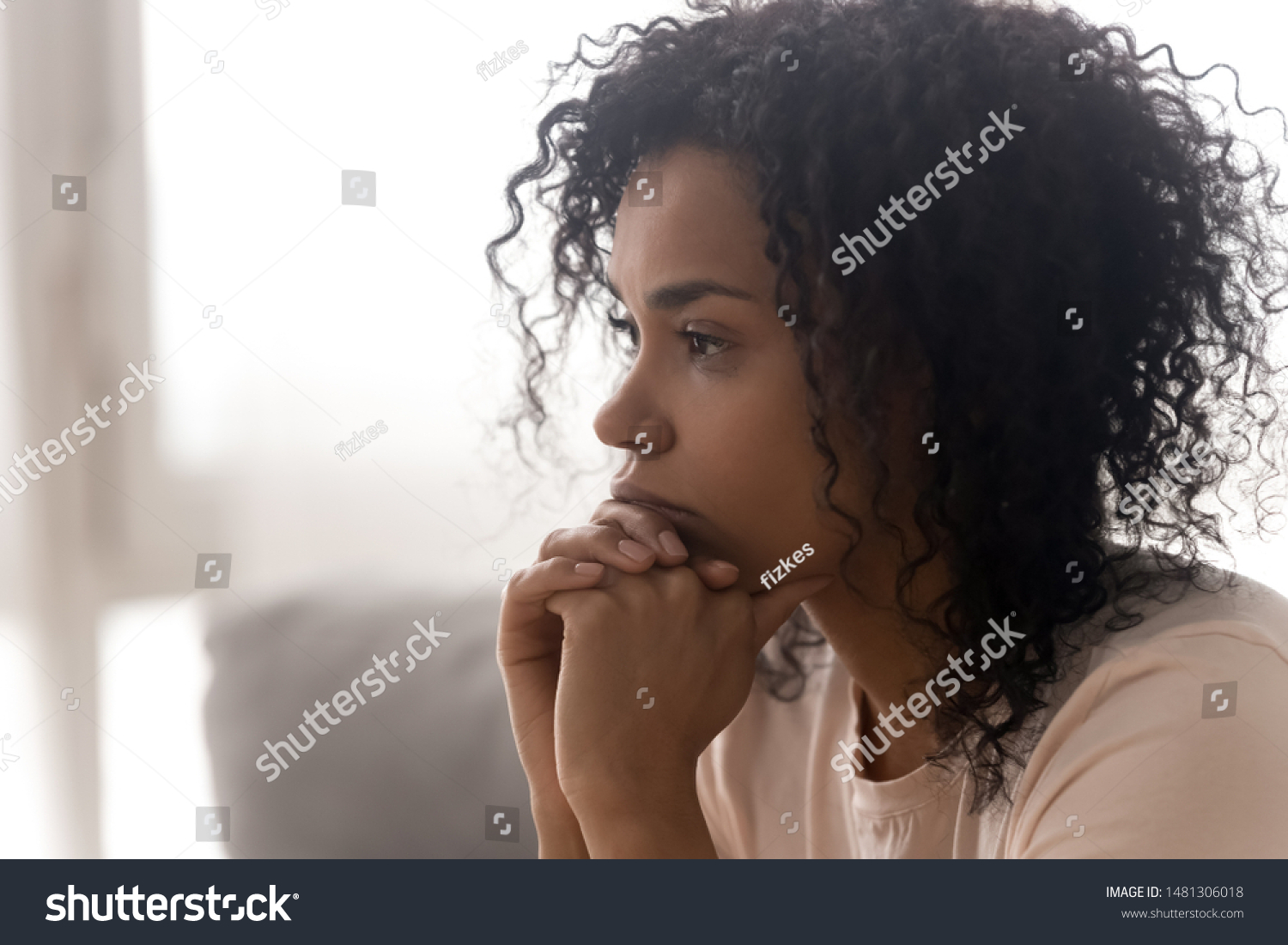 Close up side profile view of pensive young african American woman thinking of relationships problems, thoughtful black biracial female feel despair lost in thoughts consider life trouble or drama #1481306018