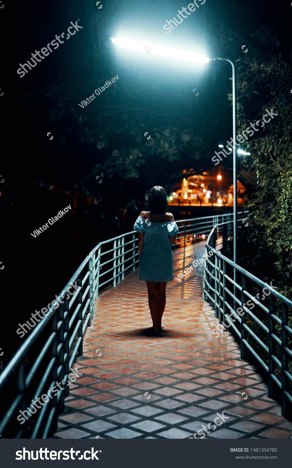 Back view of young lonely woman walking on the bridge at night                      #1481354780
