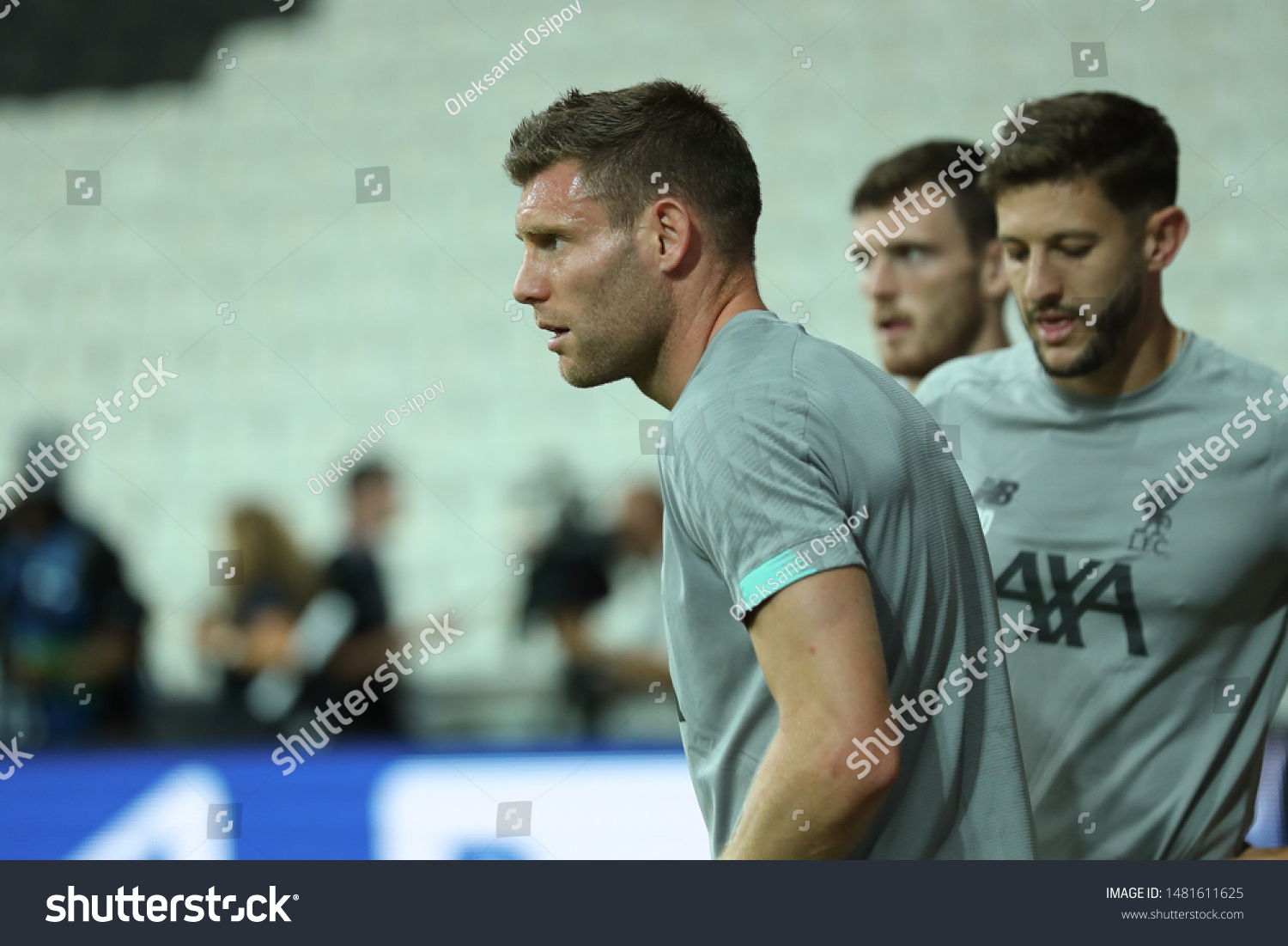 AUGUST 13, 2019 - ISTANBUL, TURKEY: James Milner beautiful portrait. Liverpool FC players warming up on the field. 2019 UEFA Super Cup. Liverpool FC pre-match training #1481611625