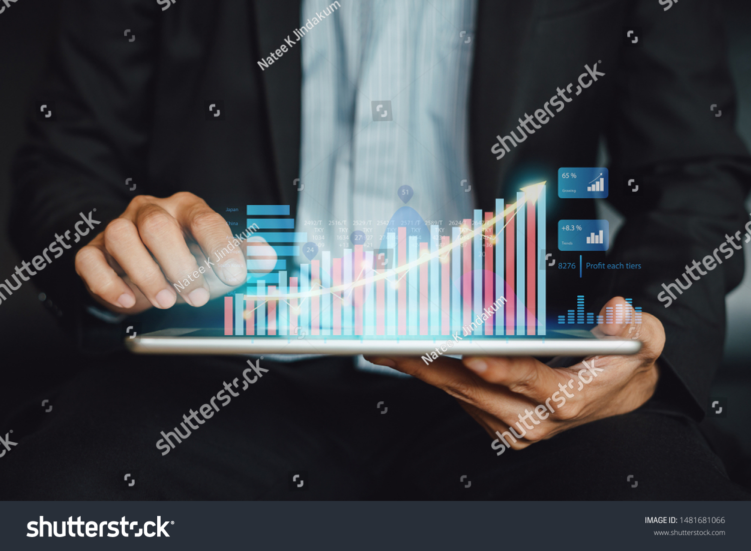 Businessman investor analyzing company financial statistic report working with digital augmented reality graphics technology. Concept for business, economy and marketing fund. #1481681066