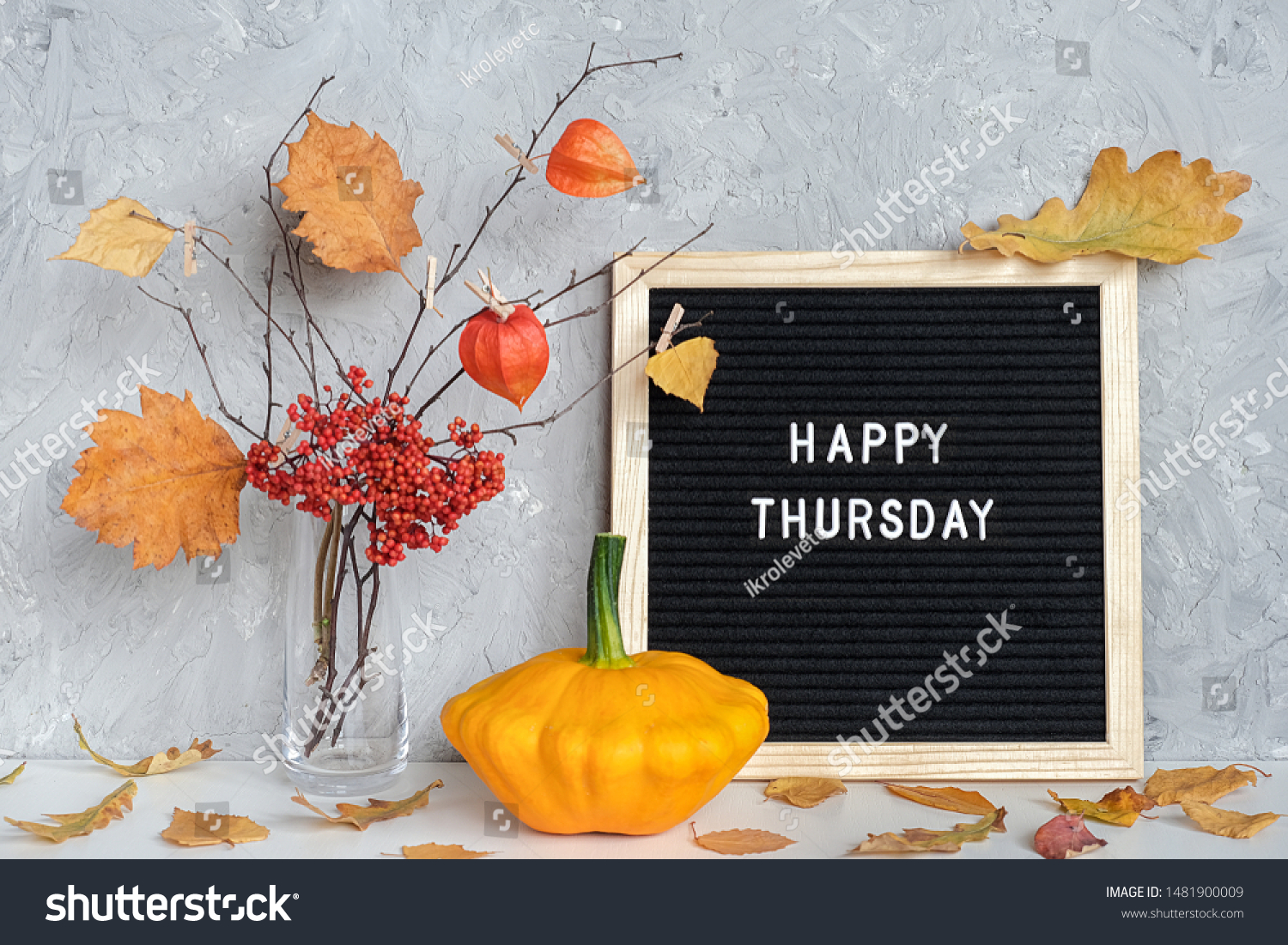 Happy Thursday text on black letter board and bouquet of branches with yellow leaves on clothespins in vase on table Template for postcard, greeting card Concept Hello autumn Thursday. #1481900009