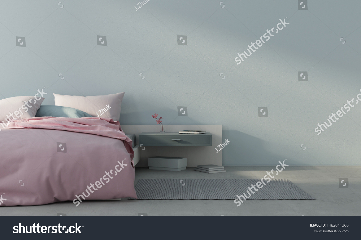 Minimalism style bedroom interior with pink bed against a light blue wall  / 3D illustration3d render #1482041366