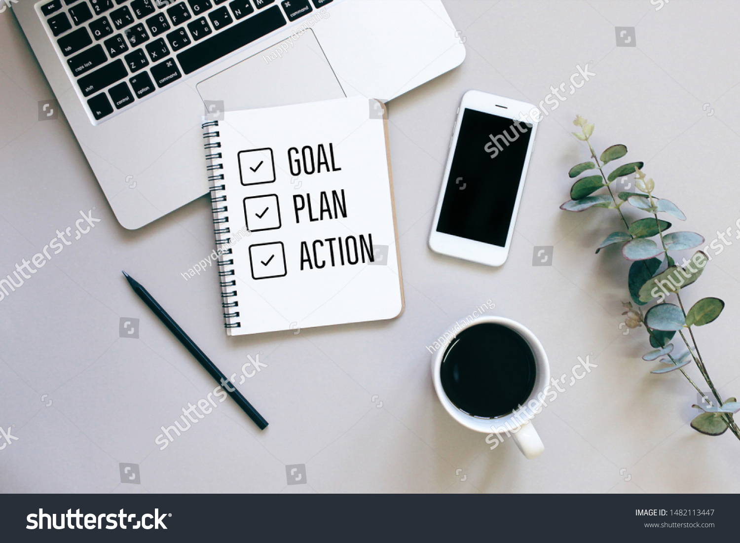 Goal, plan and action for 2020 on flat lay photo of workspace desk with smartphone, coffee, laptop and notebook with copy space background, minimal style and mockup concept  #1482113447