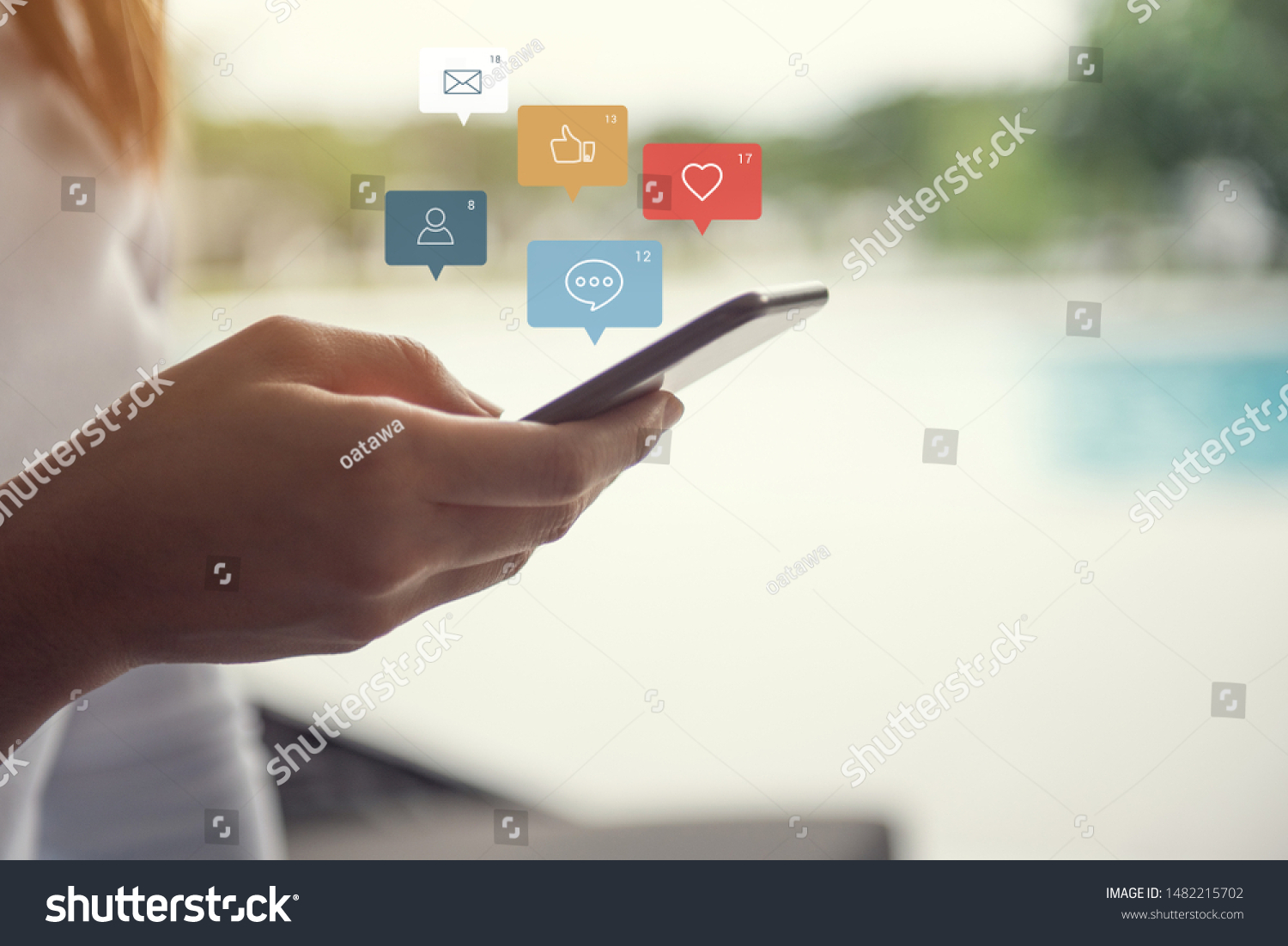 Woman hands using smartphone with icon social media social network and marketing. #1482215702
