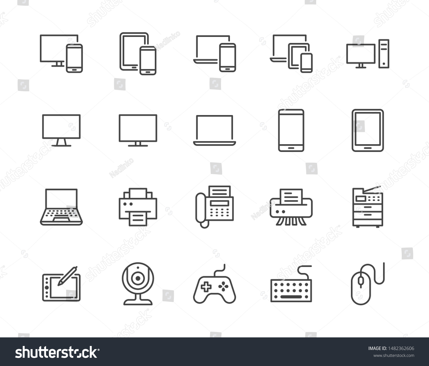 Devices flat line icons set. Pc, laptop, computer, smartphone, desktop, office copy machine vector illustrations. Outline minimal signs for electronic store. Pixel perfect. Editable Strokes. #1482362606