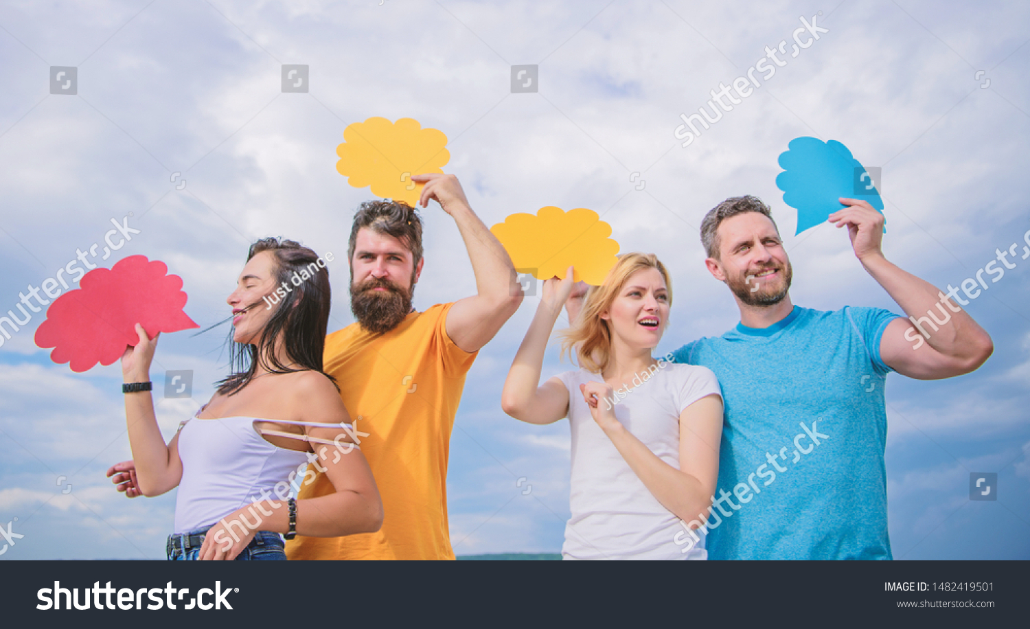 Information sharing and coordination. People speak using speech bubbles. Friends send messages on comic bubbles. Group communication pleasure. Communication occurs through speech balloons, copy space. #1482419501