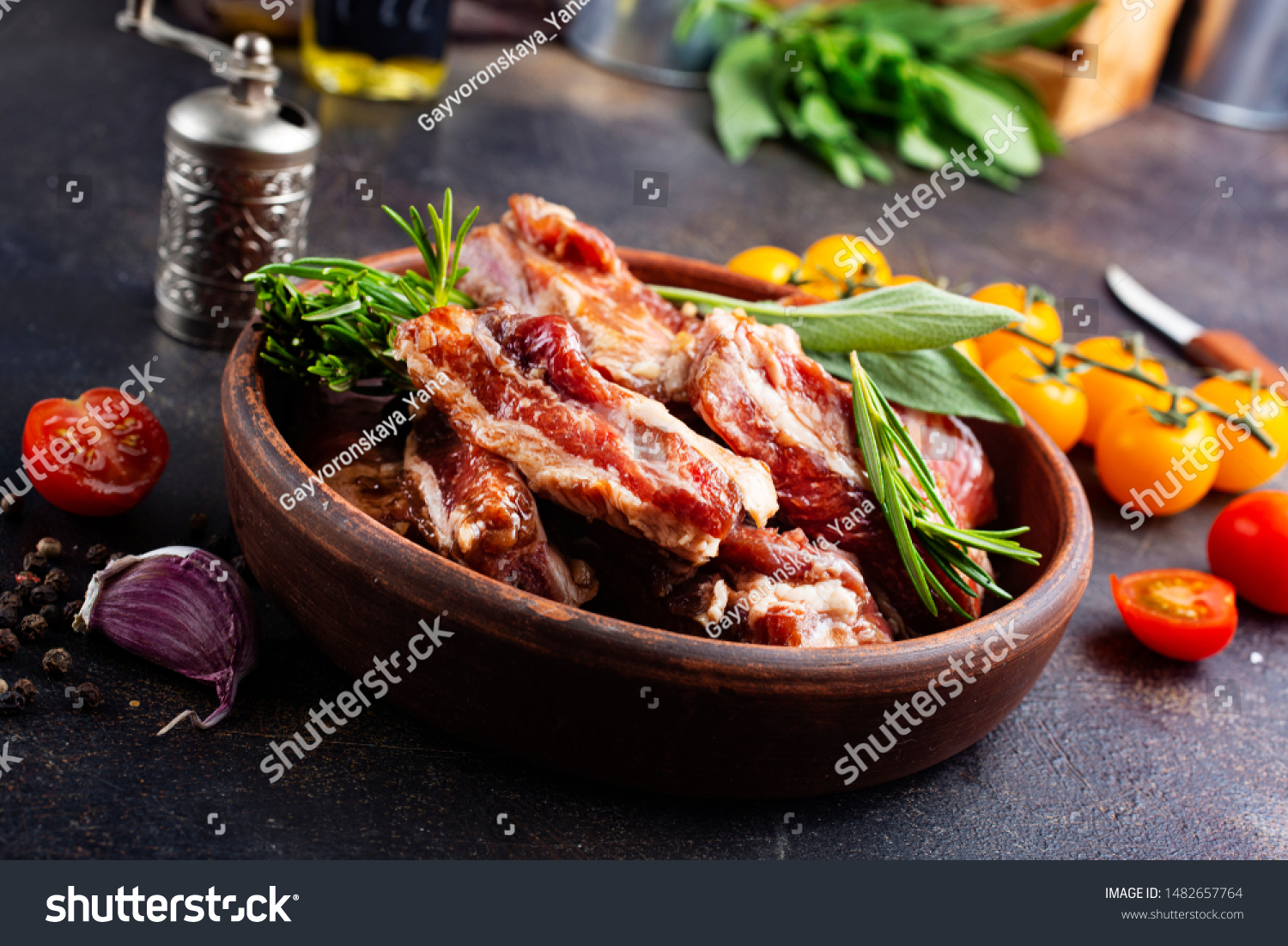 Raw ribs meat with herbs, salt, spices and other ingredients #1482657764