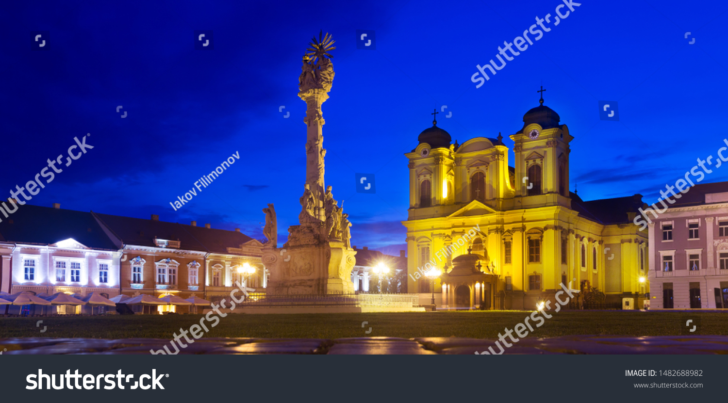 Illuminated Unirii Square with Roman Catholic Dome at dusk, Romania #1482688982
