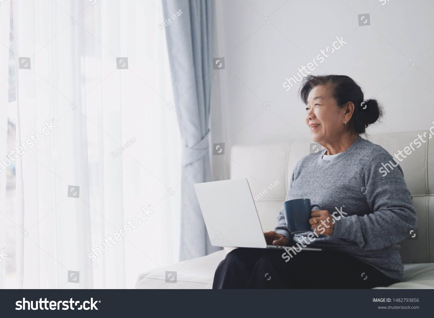 Happy Elderly woman using laptop in living room at home. #1482793856