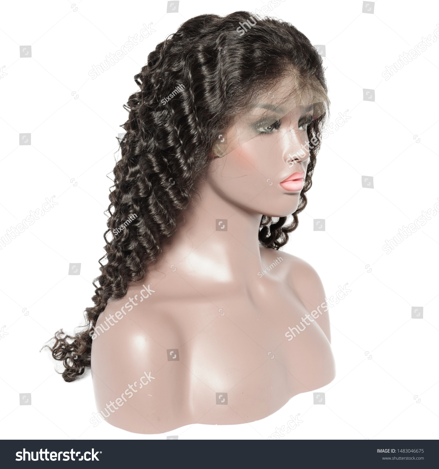 curly black human hair weaves extensions lace wigs on fake model #1483046675