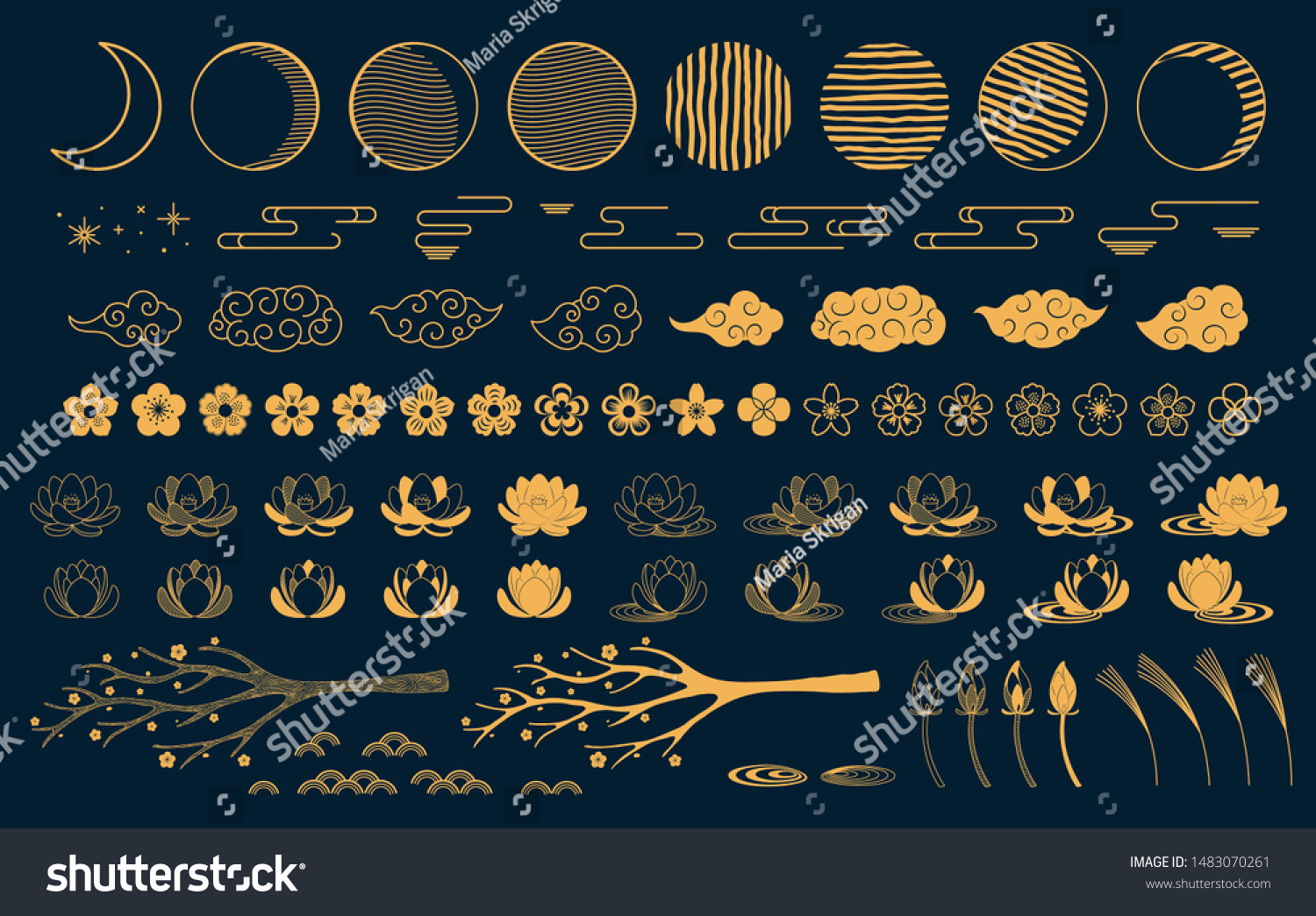 Collection of gold decorative elements in oriental style with moon, stars, clouds, tree branch, lotus flowers, grass, for Chinese New Year, Mid Autumn Festival. Isolated objects. Vector illustration. #1483070261