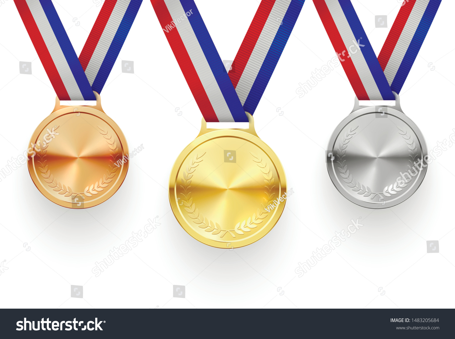 Gold, silver and bronze medals on ribbons realistic illustrations set. Sports competition first, second and third place awards isolated cliparts pack. Championship reward. Contest achievement, victory #1483205684