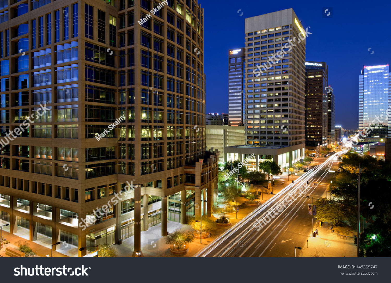 Long exposure photo of the a city street in downtown Phoenix, Arizona at night. #148355747
