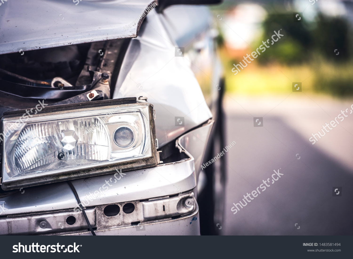 car crash accident on street, damaged automobiles after collision in city #1483581494