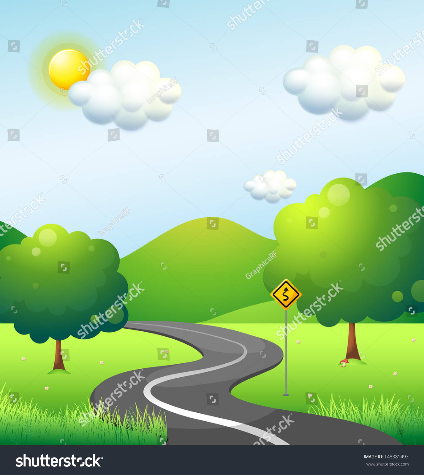 Illustration of a curve road with a curve sign - Royalty Free Stock ...