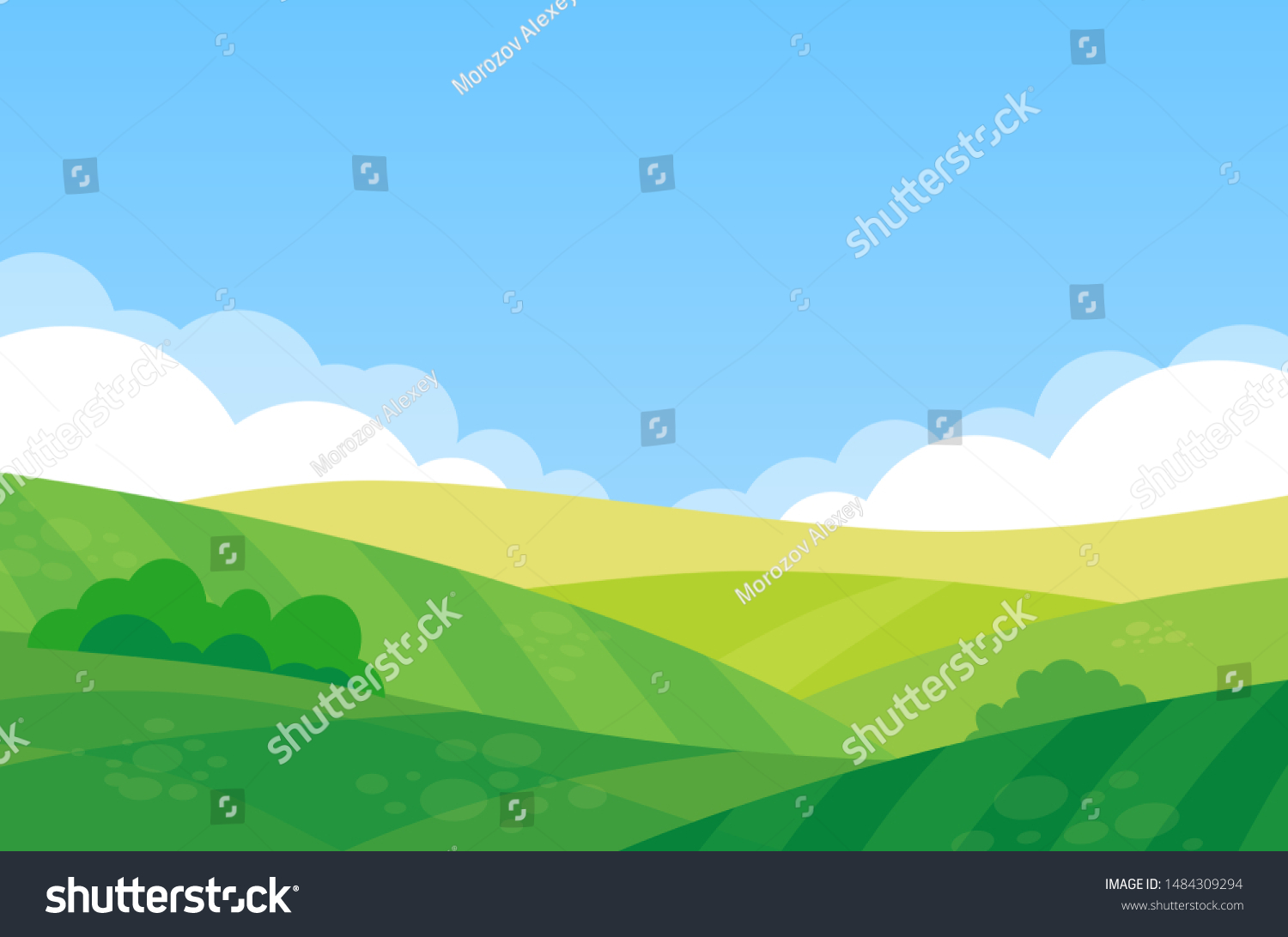 Beautiful landscape of farm field - Vector illustration of a rural summer meadow on a sunny day in flat cartoon style. #1484309294