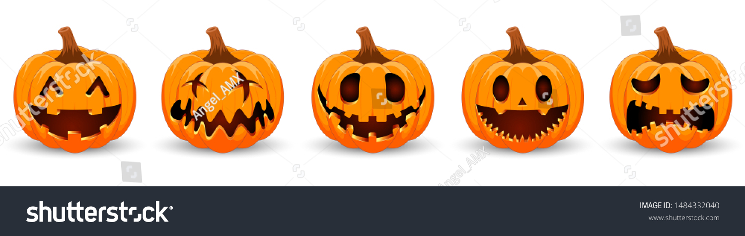 Set pumpkin on white background. Orange pumpkin with smile for your design for the holiday Halloween. Vector illustration. #1484332040