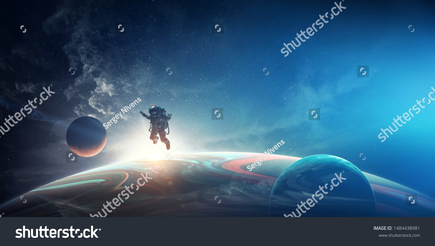 Astronaut in space costume in outer space. Spacewalk #1484438981